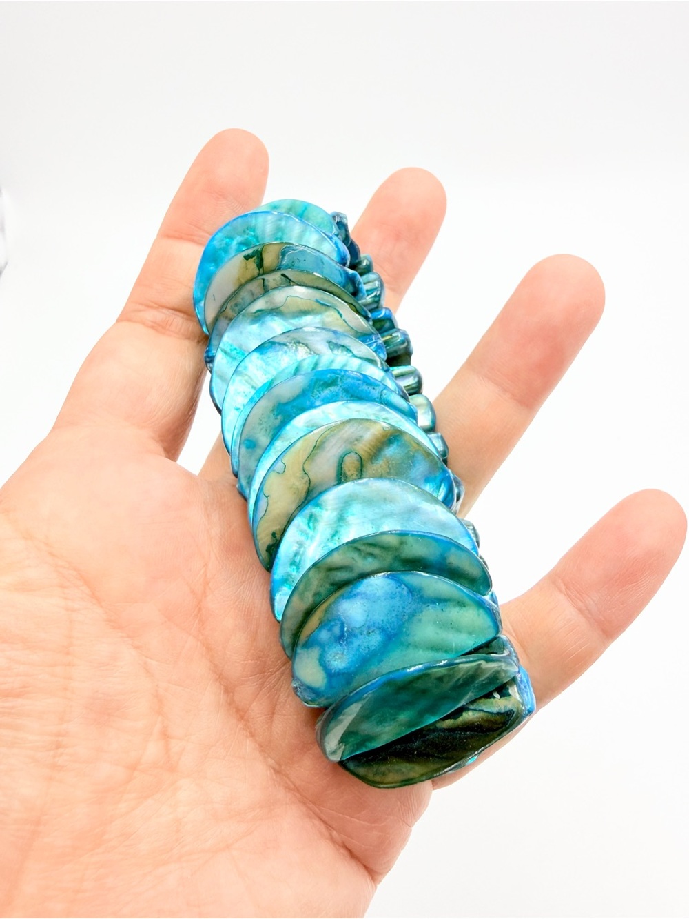 Blue Abalone Mother of Pearl Disk Bead Stretch Bracelet